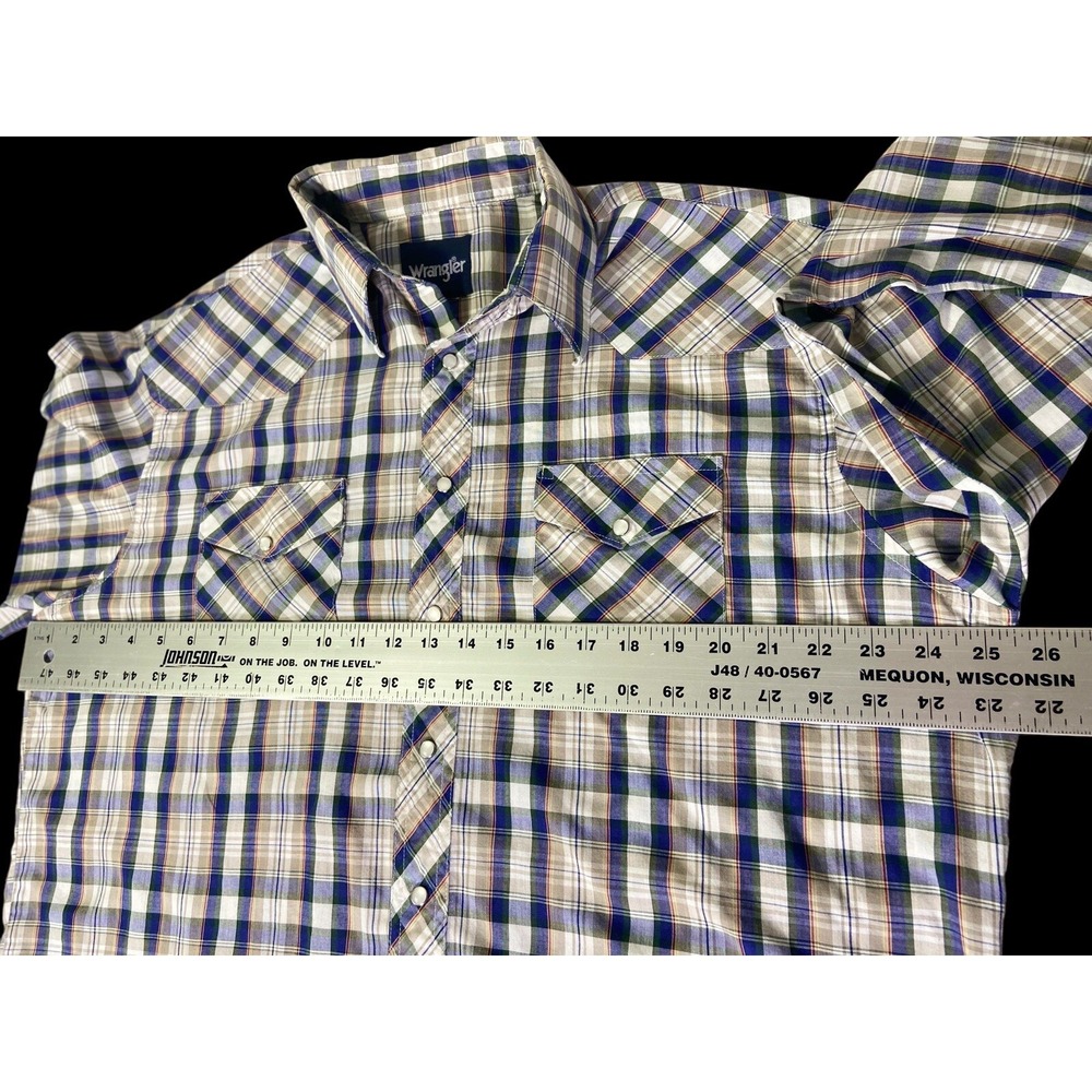 Wrangler Single Needle Mens Blue Plaid Pearl Snap Long Tail‎ Size XL - Picture 10 of 13